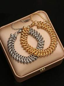 RAYQUEEN 1pc Stainless Steel Geometric Retro Hip-Hop Cool Bracelet For Women, Suitable As Holiday Gift - Yellow Gold - View 3