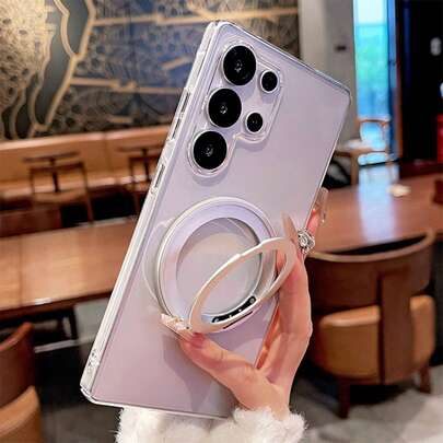 Ultra-Thin 360° Rotating Ring Holder Magnetic Transparent Acrylic Phone Case Support Wireless Charging Compatible With Samsung Galaxy S26Ultra S25Ultra S26Plus S24 S23 S22 Ultra S25 S24 Plus High Quality Clear All-Inclusive Protection Bumper Hard Back Cover