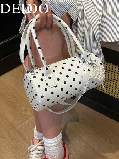 Dedoo Bolso cilíndrico de color contrastante 2025, bolso de mano pequeño a lunares, bolso de mano de moda para ir al trabajo
