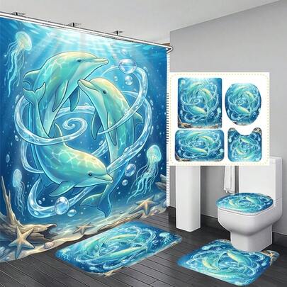 1pc/4pcs Underwater Dolphin Pattern Multifunctional Bathroom Decor Shower Curtain Set, Free 12 Hooks Included, Elegant Holiday Atmosphere, Bathroom Mat, U-Shaped Floor Mat And Round Toilet Mat, Suitable For All Scenarios Bathroom Set