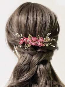 1pc Women's Handmade Golden Thread Light Green Flower & Pearl Hair Comb Accessory,Summer,Beach,Wedding - Green - View 4