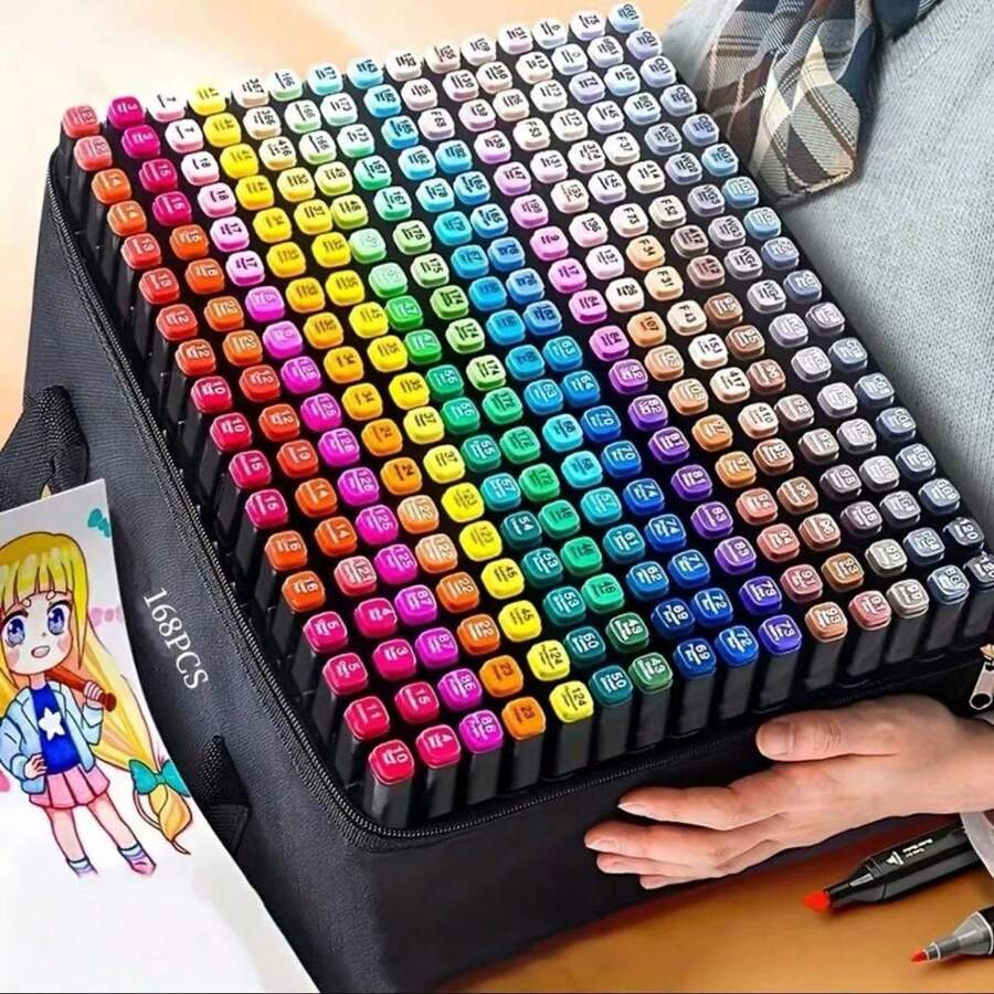 168色艺术家马克笔套装，双头锥形和细头绘图马克笔，成人涂色书、绘画、素描和混合媒介艺术用品，24/30/36/40/60/80/120色可选 - 彩色 - 查看 1