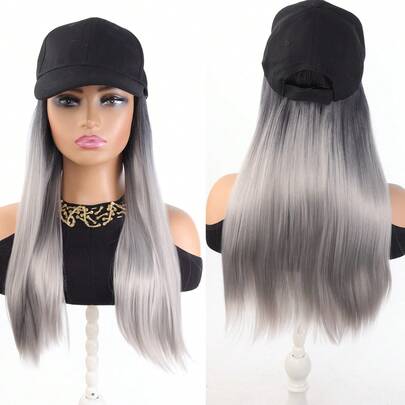 22 Inch Synthetic Black Baseball Cap Wig, Fashion New Dip-Dye Long Straight Hair Wig With Ear Hooks