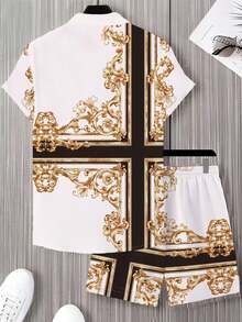 A Set Of Men's Short-Sleeve Cuban-Collar Shirt And Beach Pants, Refined And Luxurious, Woven Fabric, Breathable And Comfortable, For Brother, Suitable For Light Business Trips In Summer, White, Brown And Gold Baroque Frame Print - Nhiều màu - Xem 4