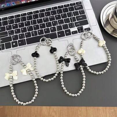 1条电镀银球心形蝴蝶吊坠手机挂绳，多功能腕带可拆卸手链，适用于手机壳，防丢防摔便携配件，优雅短款挂绳，女士适用，附透明垫