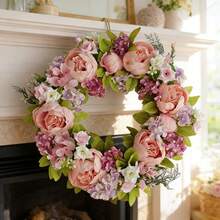 1pc 45cm/17.72in Romantic Vintage Style Artificial Simulated Peony Flower Hanging Decorative Wreath For Thanksgiving, Harvest, Christmas, Valentine's Day, Mother's Day, Weddings, Holiday Party Mantel, Wall, Door Window, Staircase Decorative Wreath, Thanksgiving Gift - B - 查看 1