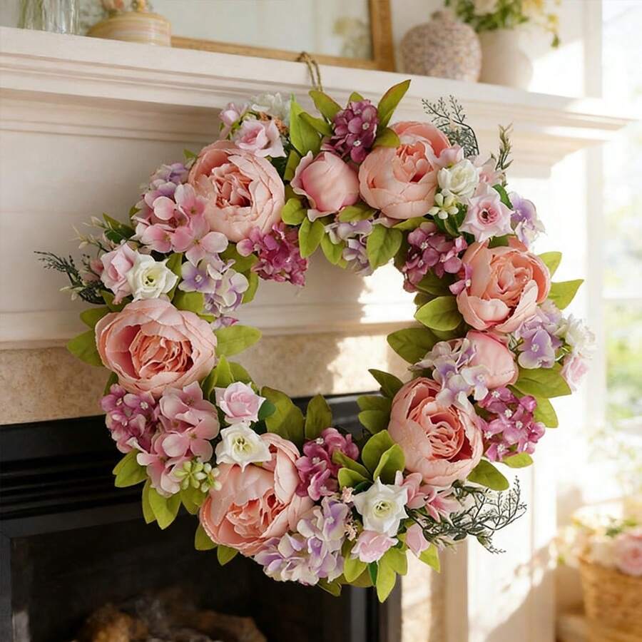 1pc 45cm/17.72in Romantic Vintage Style Artificial Simulated Peony Flower Hanging Decorative Wreath For Thanksgiving, Harvest, Christmas, Valentine's Day, Mother's Day, Weddings, Holiday Party Mantel, Wall, Door Window, Staircase Decorative Wreath, Thanksgiving Gift - B - 查看 1
