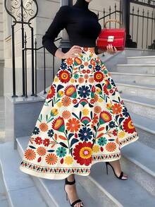 Floral Embroidered Midi Skirt Cream Color With Multicolor Flower Pattern And Mexican Style Design For Women Casual Outing Party Wear - 白色 - 查看 1