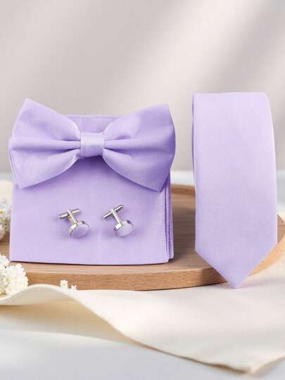 4pcs Men's Business Fashion Versatile Solid Color Polyester Tie & Bow Tie & Pocket Square & Cufflinks Combination Set, Suitable For Weddings, Ceremonies And Daily Wear, Accessories, Festival, Gifts, Graduation Gift,