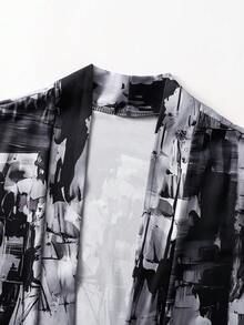 Abstract Brush Stroke Print 3/4 Sleeve Robe, Streetwear Loose Fit Lightweight Cardigan, Men's Kimono Shirt - Multicolor - View 4