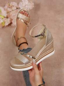 New Fashionable Solid Color Sexy Bohemian Platform Wedge Sandals For Women - Gold - View 4