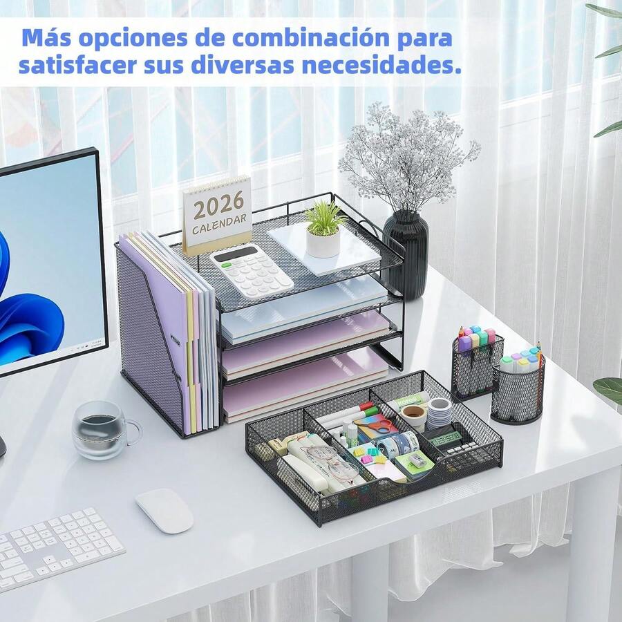 Organizador de Escritorio de 4 Niveles con Compartimentos Verticales Cajones Deslizantes y Porta Lápices Ideal para Documentos Papeles y Suministros de Oficina en el Día a Día - negro - Ver 1