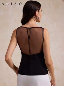 Camiseta elegante de Aliao con malla de cristales y cuentas, parte superior sin mangas para primavera/verano, para ir al trabajo, citas, bodas, playa - Negro - Ver 6