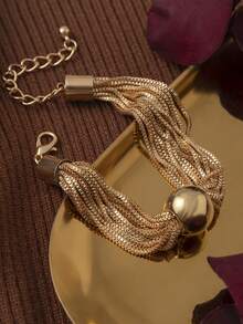 1 pieza Brazalete de cadena multicapa con esfera geométrica, accesorio vintage exagerado de estilo punk, elegante brazalete de mujer, minimalista para uso diario, fiesta, casual, concierto/festival, discoteca, lindo brazalete de acabado metálico/metalizado lujoso (La superficie puede tener ocasionales rasguños por fricción y desigualdades, por favor, entienda) - Dorado - Ver 3