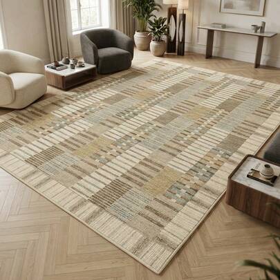 1pc Vintage Asymmetrical Geometric Striped Plaid Patchwork Rug/Carpet/Area Rug/Door Mat/Runner, Modern Minimalist Luxury Ins Style, Faux Wool, Suitable For Bathroom, Kitchen, Entryway, Hallway, Bedside, Living Room, Bedroom, Machine Washable, Home Decor