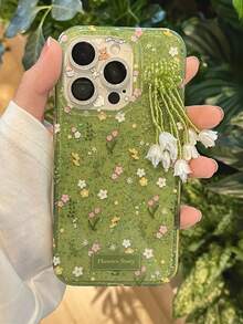 流苏绿色花卉图案苹果16手机壳，简约优雅创意防震全包保护壳，兼容 14和15 Pro - 綠色 - 查看 3