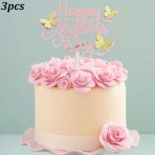 1 cái/3 cái Phụ kiện trang trí bánh hình bướm lấp lánh màu vàng và hồng, thích hợp cho Ngày của Mẹ và tiệc sinh nhật của mẹ. - nhiều màu - Xem 9