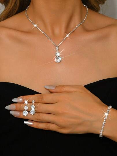 新娘闪耀首饰套装，圆形水晶吊坠项链+水滴耳环+手链，正式婚礼/毕业礼物