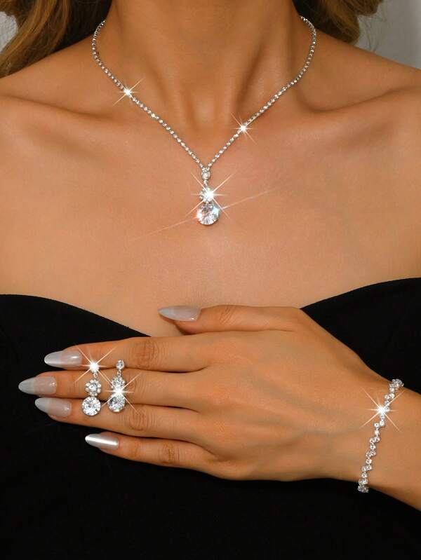 新娘闪耀首饰套装，圆形水晶吊坠项链+水滴耳环+手链，正式婚礼/毕业礼物