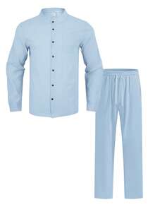 1 Set Men's Lightweight Loose Fit Summer Outfit: Light Blue Long Sleeve Button-Up Collared Shirt + Straight Leg Pants (Note: Linen Fabric May Wrinkle Easily And Have Slight Transparency, Please Consider Before Purchasing. Refer To Size Chart In Details) - Baby Blue - View 2