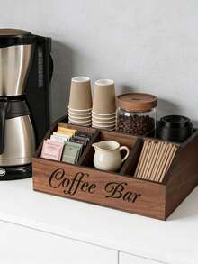 1PC Wooden Coffee Bar Organizer With 5 Compartments, Rustic Countertop Storage Box For Coffee Pods, Capsules, Cups, Spoons And Accessories, Farmhouse Kitchen Decor For Coffee Station - Multicolor - View 8