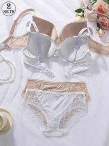 Bộ 2 áo ngực và quần lót ren trắng & nude dành cho nữ, áo ngực nâng ngực có gọng cỡ 3/4, nội y gợi cảm, thoáng khí, mềm mại, co giãn, phù hợp cho mặc hàng ngày, đồ ngủ và các dịp thường ngày. - Nhiều màu - Xem 4