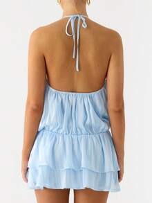 Women Summer Ruched Halter Mini Dress Ruffle Bubble Drop Waist Backless Tie Neck Open Back Mini A Line Swing Dress Y2k Cocktail Clubwear - Blue - View 7