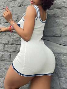 Women's Sexy Fitted Ribbed Knit Mini Dress, Summer High Street Collegiate Sleeveless Fitted Sweater Spring - Light White Blue - View 7
