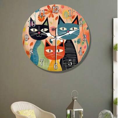 复古艺术可爱猫咪一家木质挂钟，静音设计，适用于客厅、卧室、家居、厨房、宠物店等场所的装饰挂件，宠物爱好者礼物，尺寸：10英寸 x 10英寸 x 12英寸（不含电池）