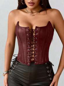 Apperloth A 性感过胸束身胸衣 PU 皮革带骨露脐抹胸上衣 女士系带前开后露背塑身衣 万圣节服装 感恩节服装 - 酒紅色 - 查看 4