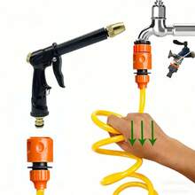 可伸缩花园软管，带喷嘴的柔性可拉伸灌溉软管，高压洗车工具，可调节橡胶手柄园艺喷枪 - B - 查看 7
