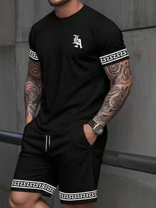 Bộ áo thun và quần short nam thời trang thường ngày, chất liệu nhẹ, cổ tròn, in họa tiết, nhanh khô, thích hợp cho hoạt động thể thao mùa hè. - màu đen - Xem 1