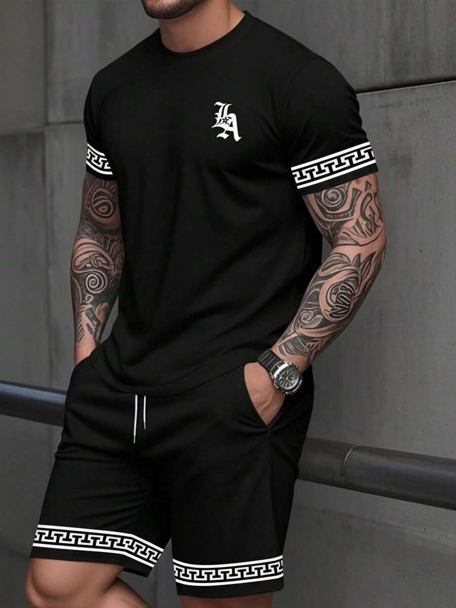 Bộ áo thun và quần short nam thời trang thường ngày, chất liệu nhẹ, cổ tròn, in họa tiết, nhanh khô, thích hợp cho hoạt động thể thao mùa hè. - màu đen - Xem 1