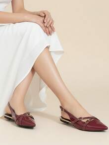 Women's Elegant Basic Slingback Buckle Patent Marsala Black Valentine's Day Flats - 酒紅色 - 查看 5