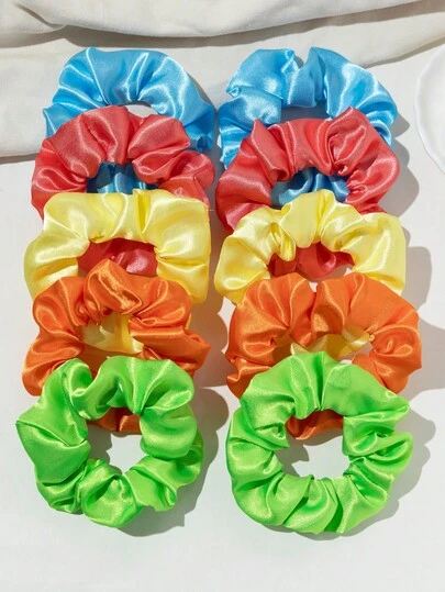 10件装荧光色女士丝滑发圈套装，简约纯色休闲百搭发饰，适合日常生活和户外活动