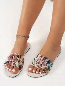 Flat Women Slippers Sandals, Minimalistic Elegant Flat Flower Printed Strap Slip-On,Spring Summer Outfits - Màu be - Xem 3