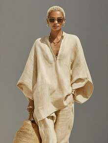 Ladies' Trousers Ensemble - New For Spring/Summer 2026, Featuring A Loose Batwing Sleeve And V-Neck, This Casual Set Is Stylish And Comfortable For Women - 杏色 - 查看 5