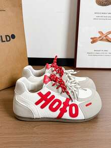 2026春季新款复古系带厚底运动鞋，女款，仿皮撞色休闲运动鞋 - 紅色 - 查看 6