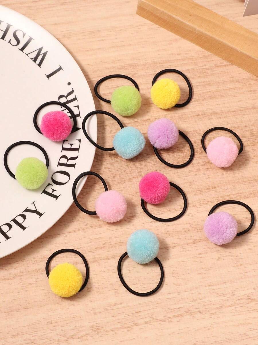 12pcs Pink, Blue, Magenta Pom Pom Hair Scrunchies, Cute Cartoon Hair Ties For Ponytail - Multicolor - View 1