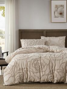 2/3件套卡其玫瑰簇绒提花涤纶被套组，现代奢华四季床上用品套装（1个被套+1/2个枕套），柔软透气，无填充物 - 卡其色 - 查看 1