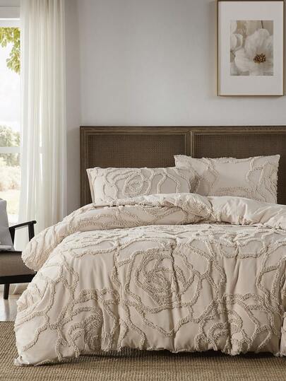 2/3件套卡其玫瑰簇绒提花涤纶被套组，现代奢华四季床上用品套装（1个被套+1/2个枕套），柔软透气，无填充物