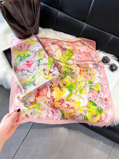 1pc Elegant Oil Painting Floral Print 27.6 Inch Square Scarf, Versatile Bandana, Headband, Waist Belt, Accessory, Fashion Silk-Like Scarf For Daily Wear