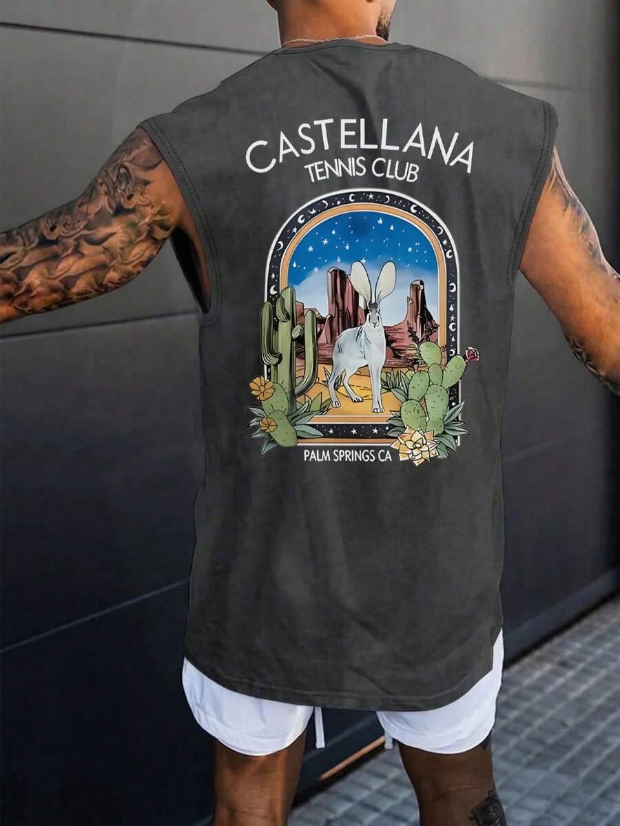 Áo tank top không tay đa năng Krometka dành cho nam, kiểu dáng thường ngày, họa tiết thỏ sa mạc, thích hợp cho mùa hè. - Màu xám đen - Xem 1