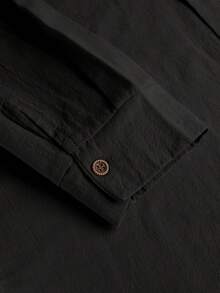 1 Set Men's Lightweight Loose Fit Basic Outfit, Light Blue Long Sleeve Button-Up Collared Shirt + Straight Leg Pants, Summer - Black - View 5