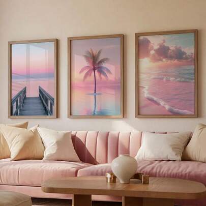 3 件套无框帆布画；粉色日落海滩装饰画，椰树和海景；热带海滩风光；完美适用于家居、办公室和海滩主题装饰；提升任何空间格调的理想艺术品
