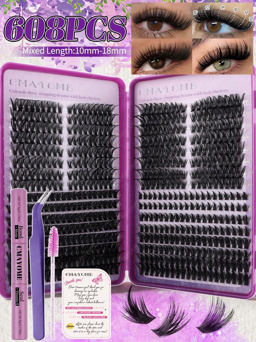 608/544 Clustered False Eyelashes, Single-Lash Extensions, 10-18mm DIY Lash Clusters, Waterproof, Super Thick, Includes Eyelash Glue, Tweezers, 3D Lashes, Russian Thick Lashes. Suitable For Heavy Makeup, Everyday Makeup, Cosplay, Full Makeup Looks, And Daily Wear.