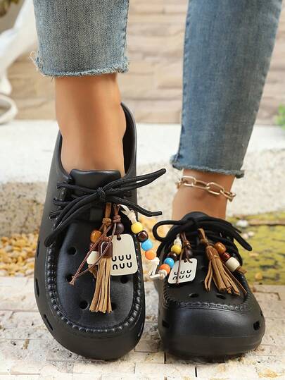 Women's Beaded Tassel Slip-On Sandals, Lightweight Round Toe Comfortable House Slippers, Black Casual Outdoor Beach Flip Flops