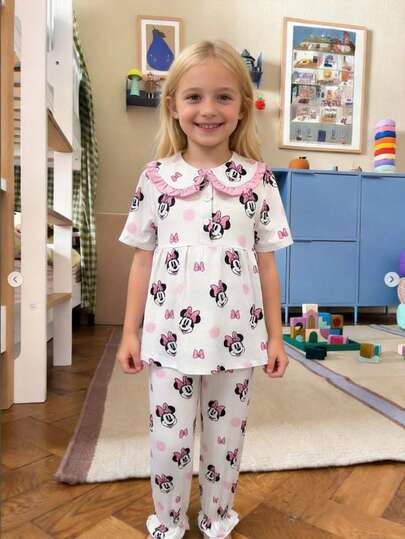 Disney 2pcs/Set Cartoon All-Over Print Ruffle Collar Short Sleeve Top And Pants For Girls, Suitable For Spring/Summer Casual, Indoor/Outdoor Play, Commute And Holiday Party