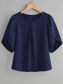 女士时尚优雅胸前荷叶边袖口下摆短袖上衣夏季 - 藏蓝色 - 查看 1