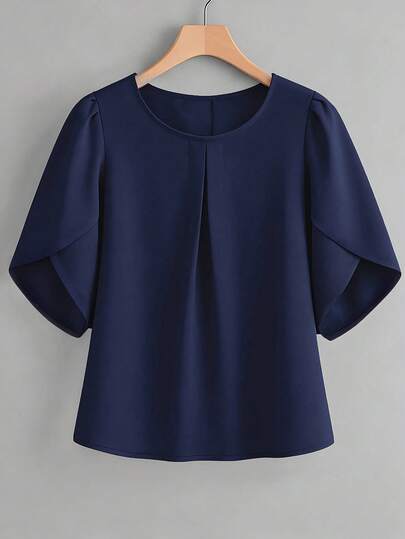 女士时尚优雅胸前荷叶边袖口下摆短袖上衣夏季